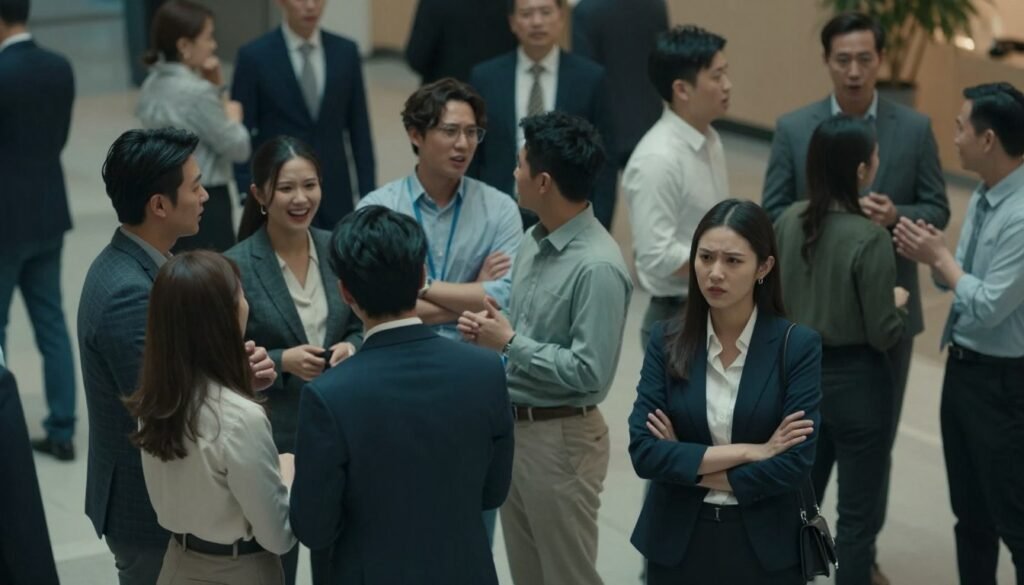 A crowded public space, illustrating social anxiety triggers, featuring a diverse group of individuals in professional business attire and modest casual clothing. In the foreground, a young woman stands with crossed arms and a nervous expression, glancing at a group of people engaging in animated conversation. In the middle, several pairs of friends laugh and interact, showcasing typical social scenarios. In the background, a few individuals avoid eye contact, looking tense or uncomfortable, capturing the feeling of social discomfort. Soft, diffused lighting creates an overall muted atmosphere, evoking a sense of unease and tension. The viewpoint is slightly elevated to capture both the details of individuals and the bustling environment around them.