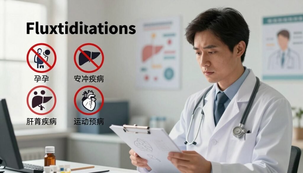 A detailed illustration depicting the contraindications of fluoxetine. In the foreground, a restrained but expressive image of a professional-looking doctor in a white lab coat holding a clipboard, analyzing medical diagrams. The middle ground features visual representations of various contraindications, such as crossed-out symbols of common conditions like pregnancy, severe liver disease, and recent heart issues depicted as icons. In the background, a softly blurred medical office setting with charts and a calming light source coming from a window, adding warmth to the atmosphere. The overall mood should be serious but informative, emphasizing caution in medication use. The lighting should be bright but soft, creating an inviting yet professional environment, shot at eye level to establish a connection with the viewer.