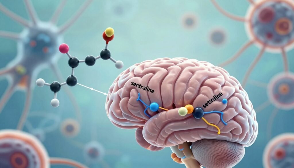 A detailed illustration depicting the mechanism of action of sertraline in the brain. Foreground: a stylized, semi-transparent brain with highlighted areas showing synapses and neurotransmitter pathways, emphasizing serotonin release and receptor engagement. Middle ground: visual representations of sertraline molecules interacting with serotonin transporters, with arrows indicating the flow of neurotransmitters. Background: a soft-focus depiction of neurons and glial cells, radiating a serene blue and green color scheme to suggest calmness and balance. The lighting is bright yet soft, creating an educational and inviting atmosphere, with a scientific aesthetic. The angle should be slightly tilted for a dynamic view, enhancing the sense of depth in this complex biological interaction.