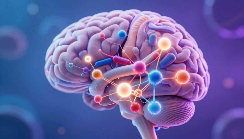 A detailed illustration of neurotransmitters in the brain, showcasing a vibrant, colorful depiction of synaptic connections. In the foreground, focus on a cluster of neurotransmitter molecules, represented as glowing orbs, with intricate lines symbolizing neural pathways. The middle layer should display various brain regions softly illuminated, highlighting areas actively engaged in communication. The background must consist of a subtle representation of the brain's overall structure, with a gradient of blues and purples creating a calm yet dynamic atmosphere. Utilize soft, ambient lighting to enhance the clarity of the neurotransmitters, simulating an ethereal quality. Capture this scene from a slightly elevated angle, emphasizing the complexity and beauty of brain chemistry in a captivating, educational manner.