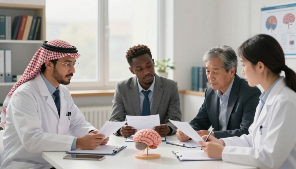 A detailed illustration showcasing the theme of "Study of Mental Disorders and Neurosciences." In the foreground, a diverse group of three professionals in business attire, including a psychiatrist of Middle-Eastern descent, a psychologist of African descent, and a neuroscientist of Asian descent, engaged in a collaborative discussion over brain models and research papers. In the middle ground, shelves filled with medical books and neuroscience charts emphasize the academic environment. The background features a large window with soft, natural lighting casting a warm glow across the room, evoking an atmosphere of focus and curiosity. The overall mood is one of innovation and collaboration in the field of psychiatry and mental health studies, with a clean and professional aesthetic. A detailed illustration showcasing the theme of "Study of Mental Disorders and Neurosciences." In the foreground, a diverse group of three professionals in business attire, including a psychiatrist of Middle-Eastern descent, a psychologist of African descent, and a neuroscientist of Asian descent, engaged in a collaborative discussion over brain models and research papers. In the middle ground, shelves filled with medical books and neuroscience charts emphasize the academic environment. The background features a large window with soft, natural lighting casting a warm glow across the room, evoking an atmosphere of focus and curiosity. The overall mood is one of innovation and collaboration in the field of psychiatry and mental health studies, with a clean and professional aesthetic.