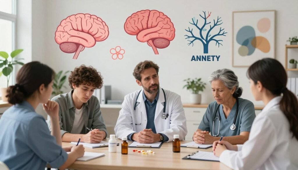 A detailed illustration showcasing various mental health conditions treated by neuropsychiatry. In the foreground, a diverse group of professionals, including a psychiatrist and a psychologist, engaged in a discussion surrounded by symbolic representations of conditions like depression, anxiety, schizophrenia, and ADHD. In the middle ground, visual elements such as brain imagery, neural pathways, and medication bottles create a clinical setting. The background features a calming office space with soft lighting, potted plants, and abstract art that conveys serenity and hope. The overall mood is one of understanding and support, emphasizing healing and professionalism in mental health care. The composition uses soft focus for depth, aiming for a balanced and inviting atmosphere.