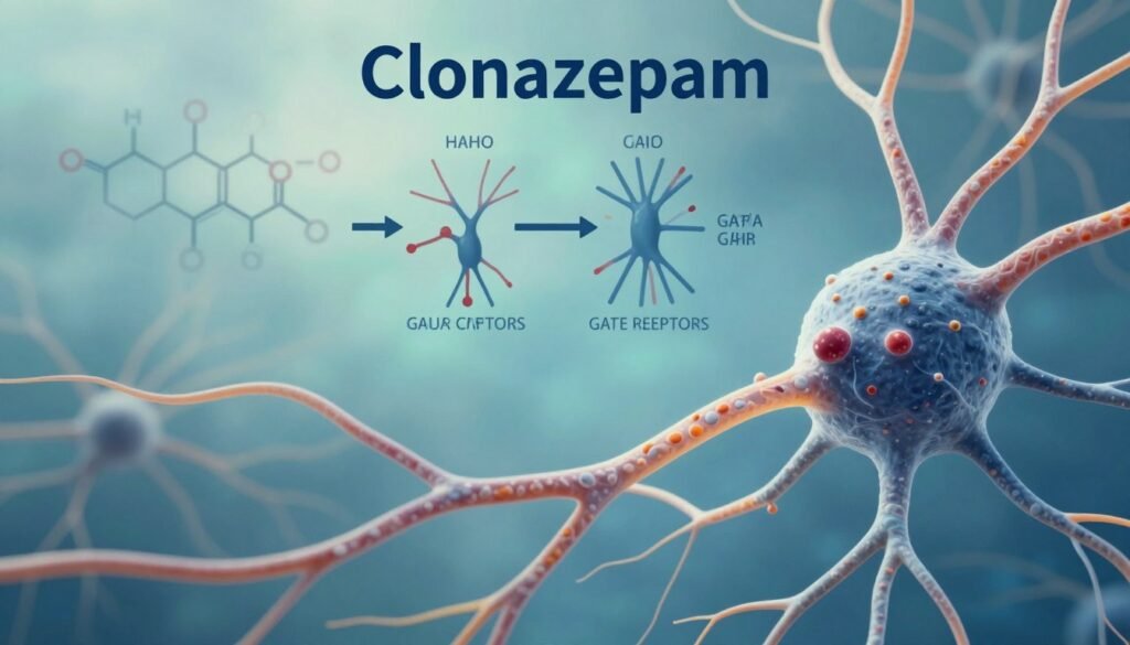 A detailed scientific illustration showcasing the mechanism of action of Clonazepam within the central nervous system. In the foreground, visualize neurons and synapses, highlighting the interaction between Clonazepam and GABA receptors. Illustrate the chemical structure of Clonazepam subtly in the background. The middle ground features a schematic diagram depicting neuronal pathways and neurotransmitter balance, with arrows indicating inhibitory effects. The background should be a soft gradient of blues and greens to evoke a calming, therapeutic atmosphere, reminiscent of a medical environment. Utilize a soft, diffused lighting to enhance the clarity of each element, creating a professional and educational mood. The overall composition should be clean and informative, suitable for a scientific context, without any text or additional distractions.