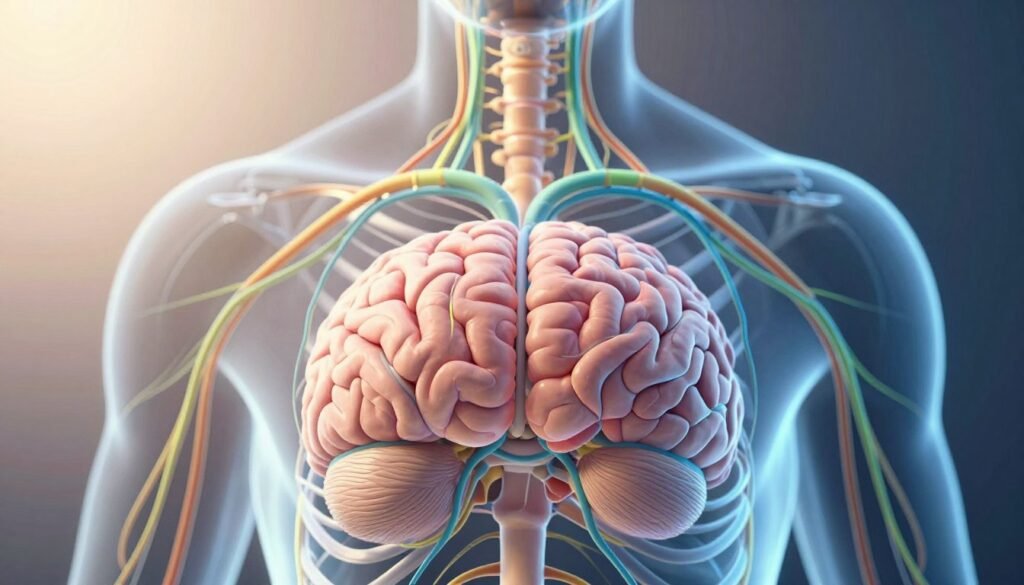 A detailed view of the human nervous system set against a softly lit background, highlighting its intricate network of nerves and connections. In the foreground, a vibrant, color-enhanced illustration of the brain, spinal cord, and major nerves, showcasing the complexity and beauty of the system. The middle layer features flowing lines representing neural pathways, illuminated with gentle, calming colors like blues and greens, symbolizing tranquility in the context of anxiety relief. The background is a soft gradient that transitions from light to dark, creating depth and a sense of calmness. The overall mood is serene and informative, evoking a sense of understanding and connection between the nervous system and home remedies for anxiety. A detailed view of the human nervous system set against a softly lit background, highlighting its intricate network of nerves and connections. In the foreground, a vibrant, color-enhanced illustration of the brain, spinal cord, and major nerves, showcasing the complexity and beauty of the system. The middle layer features flowing lines representing neural pathways, illuminated with gentle, calming colors like blues and greens, symbolizing tranquility in the context of anxiety relief. The background is a soft gradient that transitions from light to dark, creating depth and a sense of calmness. The overall mood is serene and informative, evoking a sense of understanding and connection between the nervous system and home remedies for anxiety.