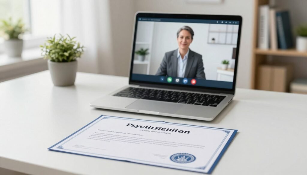 A digital psychiatric certificate displayed prominently on a clean and professional workspace desk. The foreground features the certificate, designed with modern aesthetics and clear typography, resembling an official document, complete with a professional seal. In the middle layer, a laptop is open, showing a telehealth session with a psychiatrist’s interface featuring a calm, empathetic psychiatrist in business attire, providing a reassuring presence. The background includes soft natural light illuminating a cozy yet professional office environment, with neutral colors, some potted plants, and a bookshelf with psychology books, creating an inviting atmosphere. The overall mood conveys trust, professionalism, and modern healthcare accessibility, appealing directly to the concept of online psychiatric services.