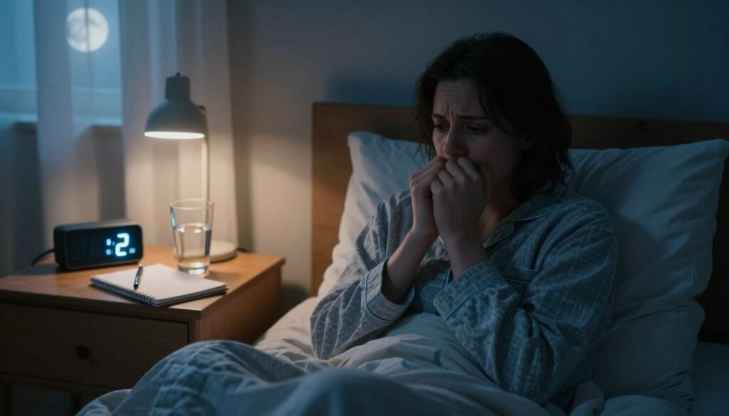 A dimly lit bedroom at night, conveying the sense of "night anxiety." In the foreground, a person sits upright in bed with a worried expression, wrapped in a cozy blanket, wearing comfortable pajamas. Their hands are clenched, reflecting tension and unease. The middle ground features nightstand clutter: a glowing digital clock showing 2 AM, a half-empty glass of water, and a notebook with scattered pens, illustrating restlessness. In the background, shadows loom, with soft moonlight filtering through curtains, casting a serene yet unsettling ambiance. The lighting should contrast warmth from the bedside lamp with cool blues from the moonlight, enhancing feelings of anxiety. The overall mood is a mix of calmness and turmoil, encapsulating the emotional and physical symptoms of night anxiety.