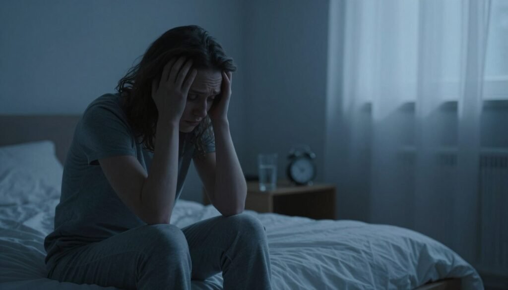 A dimly lit bedroom at night, evoking a sense of restlessness and discomfort associated with chronic insomnia. In the foreground, a person sits on the edge of a neatly made bed, dressed in modest, casual sleepwear, with a worried expression and tired eyes, holding their head in their hands. The middle ground features a glass of water on a bedside table, with a clock showing late hours, emphasizing the passage of time. In the background, soft shadows cast by a window curtain fluttering in a gentle breeze create a surreal atmosphere. Use cool blue tones to convey a somber mood, illuminated by soft, diffused light, suggesting both anxiety and the struggle against sleeplessness. The composition captures a moment of reflection and the weight of sleepless nights.