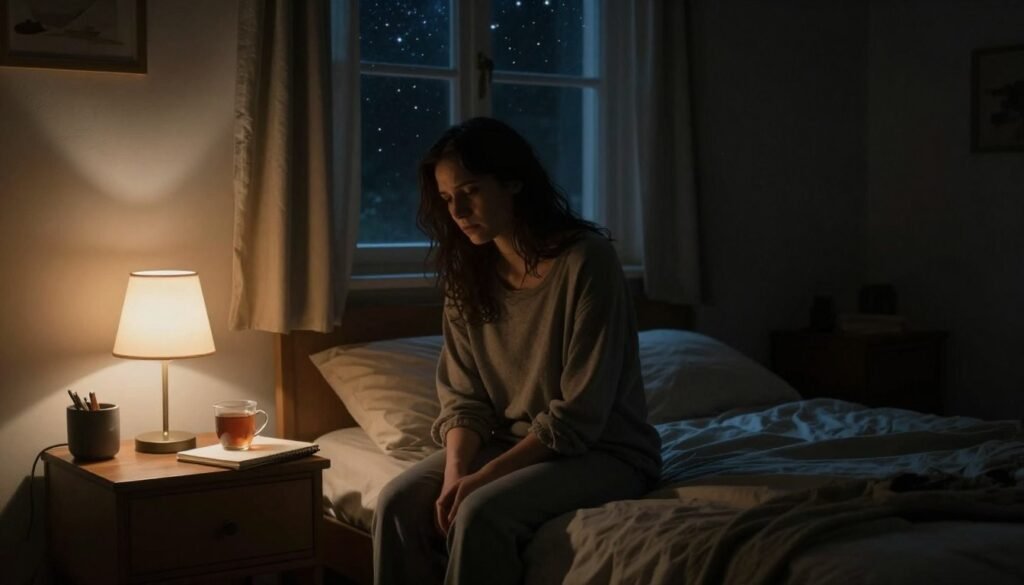A dimly lit bedroom at night, the focal point being a solitary figure sitting on the edge of a bed, dressed in modest casual clothing, with a contemplative expression reflecting inner turmoil. The gentle glow of a bedside lamp casts soft shadows, heightening the sense of solitude. In the background, a window reveals a starry night sky, while the curtains are slightly drawn, adding to the atmosphere of confinement and introspection. A journal and a cup of tea sit on the bedside table, symbolizing the struggle to find peace. The overall mood conveys a sense of anxiety and restlessness, capturing the essence of nighttime unease. The image should have a warm yet melancholic color palette, enhancing the emotional depth of the scene.