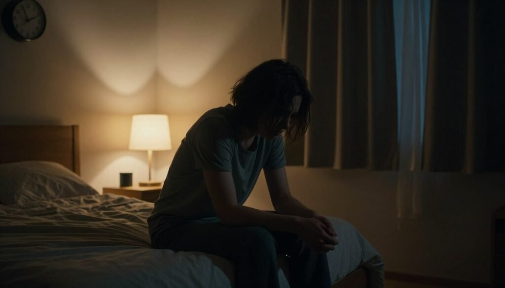 A dimly lit bedroom at night, where soft shadows cast eerie shapes on the walls, creating a sense of unease. In the foreground, a person sits on the edge of the bed, dressed in modest casual clothing, their hands clasped nervously in their lap, reflecting deep thought and anxiety. The middle ground features a softly glowing bedside lamp, illuminating the room with a warm yet unsettling light, adding to the tense atmosphere. In the background, dark curtains billow slightly, suggesting movement, and a clock shows late hours, highlighting the theme of nighttime anxiety. The mood is heavy and introspective, filled with an emotional weight that captures the essence of nighttime anxiety. Use a soft focus lens to accentuate the feeling of isolation, with a slightly elevated angle to evoke a sense of vulnerability.