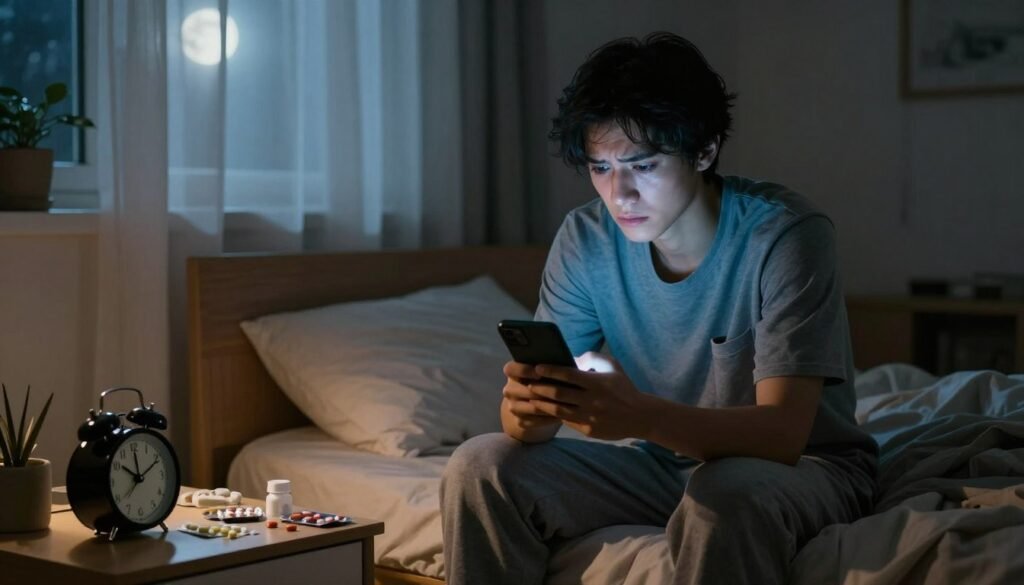 A dimly lit bedroom scene showcasing a young adult sitting on the edge of their bed, holding a smartphone that illuminates their face. The individual, dressed in comfortable pajamas, looks stressed and distracted, with bags under their eyes indicating a lack of sleep. In the foreground, a bedside table cluttered with sleep aids like melatonin pills and an alarm clock showing a late hour. In the middle ground, soft shadows cast by a window, hinting at nighttime outside with moonlight peeking through sheer curtains. The background features a cozy yet chaotic bedroom atmosphere, with soft pillows and a slightly messy bed. The overall mood is tense and anxious, emphasizing the detrimental effects of smartphone use on melatonin production and sleep quality. The lighting highlights the smartphone's blue light against the warm, calming tones of the room.
