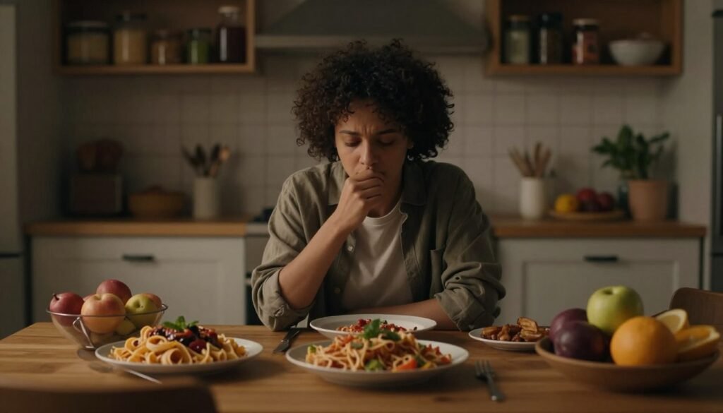 A dimly lit, cozy kitchen setting in the foreground, featuring an elegantly set dining table with various dishes showcasing comfort food like pasta, cake, and fruits, symbolizing abundance. In the middle, a person of diverse descent, dressed in modest casual clothing, appears contemplative while staring at the food, depicting the struggle of periodic binge eating. The background features softly blurred kitchen shelves filled with groceries, giving a homely feel. Warm lighting casts gentle shadows, creating an intimate and inviting atmosphere. The overall mood reflects a delicate balance between comfort and inner conflict, inviting viewers to engage with the topic thoughtfully.