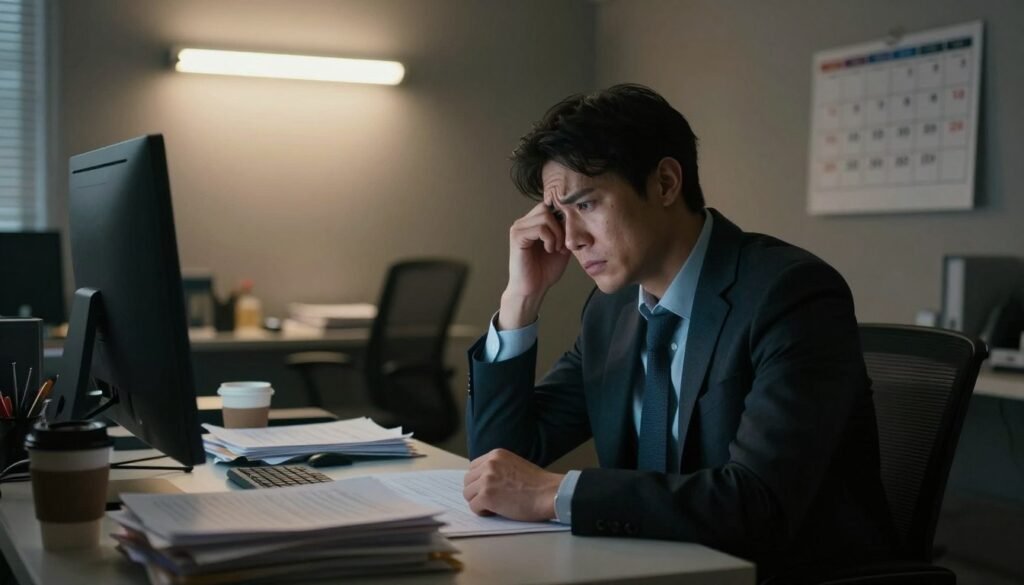A dimly lit office environment showcasing a stressed professional sitting at a cluttered desk, surrounded by piles of paperwork, coffee cups, and a glowing computer screen. The foreground features the individual in professional attire, their expression reflecting fatigue and anxiety, with a furrowed brow and weary eyes. In the middle ground, an empty chair and a flickering fluorescent light create a sense of isolation and pressure. The background displays a calendar filled with deadlines, emphasizing the overwhelming nature of work demands. Soft, warm light filters through a window, subtly contrasting with the oppressive atmosphere. The mood conveys stress and mental exhaustion, capturing the essence of workplace burnout, with a focus on the individual’s struggle and environment. A dimly lit office environment showcasing a stressed professional sitting at a cluttered desk, surrounded by piles of paperwork, coffee cups, and a glowing computer screen. The foreground features the individual in professional attire, their expression reflecting fatigue and anxiety, with a furrowed brow and weary eyes. In the middle ground, an empty chair and a flickering fluorescent light create a sense of isolation and pressure. The background displays a calendar filled with deadlines, emphasizing the overwhelming nature of work demands. Soft, warm light filters through a window, subtly contrasting with the oppressive atmosphere. The mood conveys stress and mental exhaustion, capturing the essence of workplace burnout, with a focus on the individual’s struggle and environment.