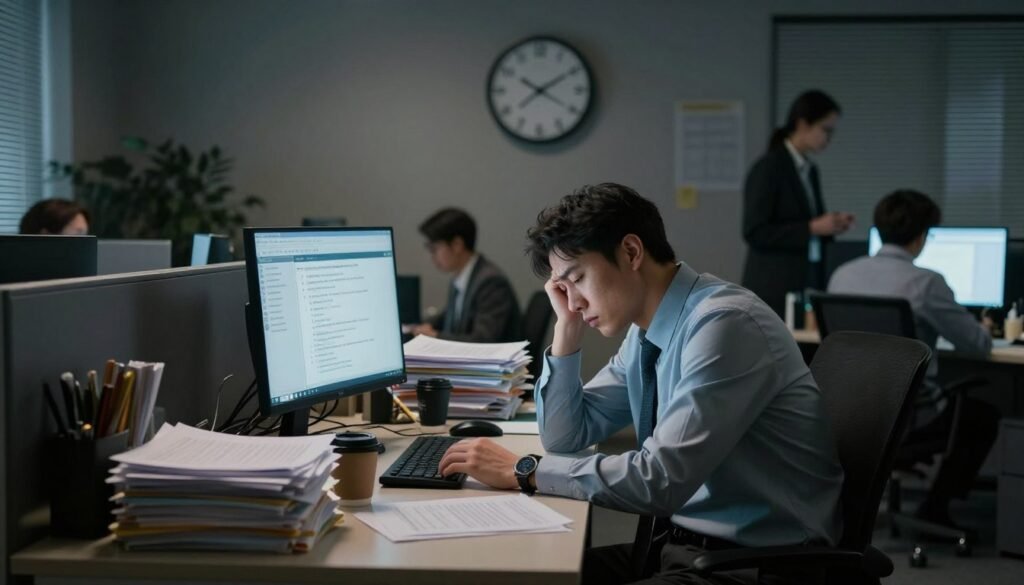 A dimly lit office space, featuring a weary employee sitting at a cluttered desk, visibly overwhelmed with paperwork and a computer screen displaying multiple notifications. In the foreground, the employee wears professional business attire, their posture slumped, symbolizing presenteeism. In the middle ground, a wall clock ticks ominously, hinting at the passing time, while scattered coffee cups and strewn documents emphasize stress. The background shows out-of-focus coworkers engaged in deep conversations, illustrating busyness but neglecting mental well-being. Soft, ambient lighting casts a melancholic shadow, creating an atmosphere of exhaustion and pressure. Capture the scene at a slightly tilted angle to evoke a sense of disarray and urgency.