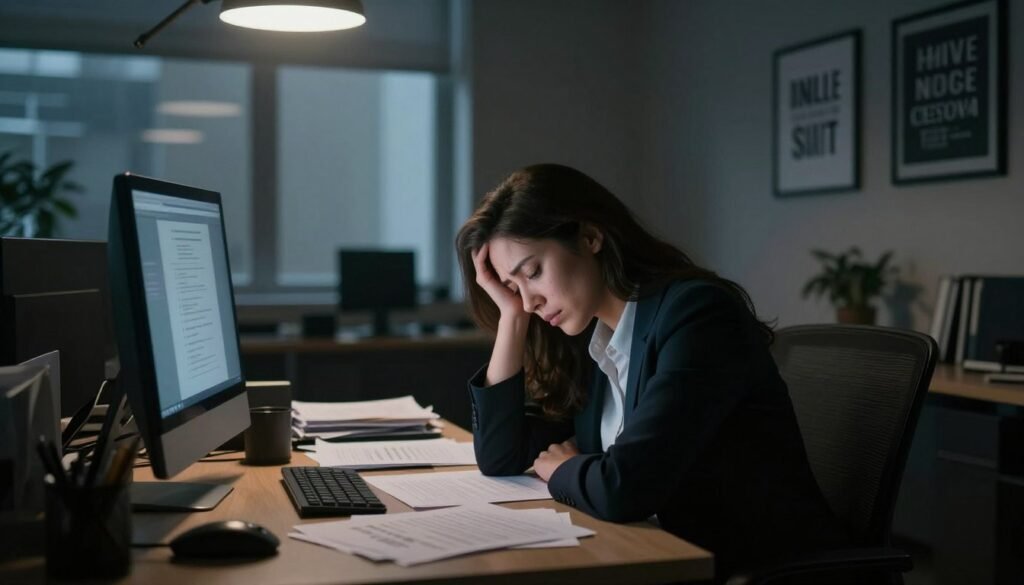 A dimly lit office space, where an overwhelmed professional woman sits at a cluttered desk, her head resting on her hand, embodying emotional exhaustion. In the foreground, scattered papers and a glowing computer screen reflect her stressed state. In the middle, the room features a shadowy window, suggesting the passage of time, while the walls are lined with framed motivational quotes, contrasting her current state. The background is blurred, creating a sense of isolation, with soft overhead lighting casting gentle shadows. The overall atmosphere is heavy and contemplative, evoking a sense of weariness and the toll of emotional burnout, inviting the viewer to connect with the concept of emotional exhaustion.