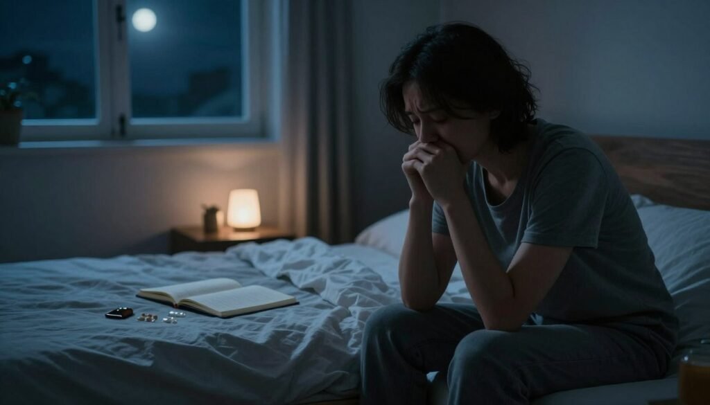 A dimly lit room at night, capturing the essence of insomnia and psychological stress. In the foreground, a person in modest casual clothing sits on the edge of a neatly made bed, their face reflecting worry and fatigue, with hands clasped in thought. The middle ground features a bedside table scattered with an open notebook, medication, and a flickering lamp casting soft shadows. In the background, a window shows a dark sky with a faint moonlight, symbolizing the struggle against sleep. The overall atmosphere is tense yet introspective, with cool blue and gray tones dominating the palette, evoking a sense of unease and contemplation, shot with a slightly blurred focus to enhance emotional depth.
