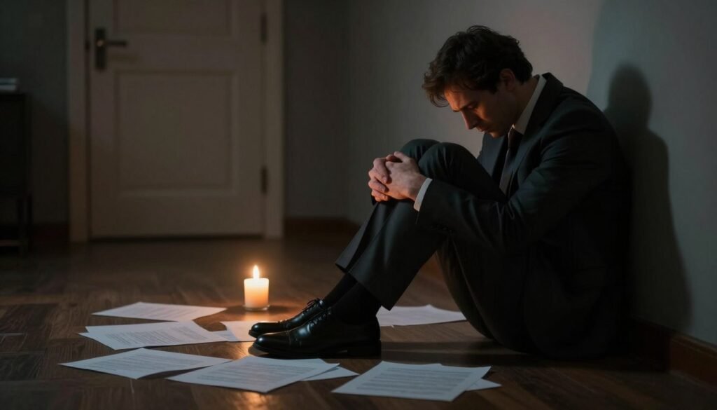 A dimly lit room filled with shadows, capturing a man in professional attire sitting on the floor, his back against a wall, head bowed, and hands clasped together in despair. The foreground features scattered sheets of paper, representing unfulfilled dreams and emotional struggles. In the middle, a flickering candle casts a warm, but somber glow, illuminating his face partially, exposing a look of deep sadness and introspection. The background is a blurred view of a closed door, symbolizing isolation and a barrier to emotional release. The overall atmosphere is heavy and melancholic, with muted colors emphasizing the sensation of profound sadness, invoking a sense of empathy and reflection on emotional triggers and health implications.