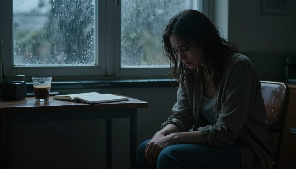 A dimly lit room filled with shadows, evoking a deep sense of melancholy. In the foreground, a solitary figure sits on a worn-out chair, dressed in modest casual attire, with their head bowed and hands clasped, conveying a profound sadness. Tears glisten on their cheeks, accentuating the emotional weight carried. The middle layer features a small, cluttered table with personal items like a half-empty coffee cup and an open notebook, suggesting introspection and struggle. In the background, a window reveals a rainy day outside, with blurred raindrops streaking down the glass, enhancing the atmosphere of sorrow. Soft, diffused lighting casts gentle shadows, creating an intimate yet somber mood that resonates with the theme of seeking professional help for deep sadness.