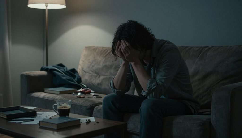 A dimly lit room portraying the heavy burden of deep depression and physical exhaustion. In the foreground, a weary individual, dressed in modest casual clothing, sits slumped on a tattered sofa, their face reflecting a mix of despair and fatigue. The middle ground features scattered personal items, like a cluttered coffee table with an untouched cup of coffee and a neglected book, symbolizing lost motivation. In the background, soft shadows envelop the walls, accentuated by a single overhead light casting a flickering glow, creating a somber and heavy atmosphere. The color palette consists of muted greys and blues, evoking feelings of sadness and isolation, emphasizing the severity of deep depression. The overall mood is introspective and poignant, capturing the essence of urgent warning signs for mental health.
