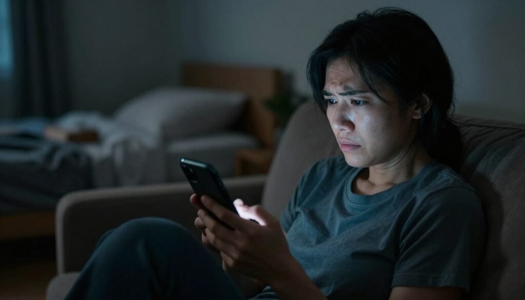 A dimly lit room with a person sitting on a couch, looking distressed while holding a smartphone in their hands. In the foreground, the person's expressive face shows signs of anxiety, with furrowed brows and a tense jaw. In the middle ground, the phone screen glows brightly, casting an eerie light on their face, symbolizing the grip of addiction. In the background, blurred shadows of an unmade bed and discarded items suggest neglect and disarray in their living space. The overall atmosphere reflects a sense of isolation and urgency. Soft, diffused lighting enhances the mood, emphasizing the emotional turmoil associated with smartphone addiction. Utilize a slightly tilted angle to create a sense of unease, capturing the seriousness of nomophobia while maintaining a professional, safe environment. A dimly lit room with a person sitting on a couch, looking distressed while holding a smartphone in their hands. In the foreground, the person's expressive face shows signs of anxiety, with furrowed brows and a tense jaw. In the middle ground, the phone screen glows brightly, casting an eerie light on their face, symbolizing the grip of addiction. In the background, blurred shadows of an unmade bed and discarded items suggest neglect and disarray in their living space. The overall atmosphere reflects a sense of isolation and urgency. Soft, diffused lighting enhances the mood, emphasizing the emotional turmoil associated with smartphone addiction. Utilize a slightly tilted angle to create a sense of unease, capturing the seriousness of nomophobia while maintaining a professional, safe environment.
