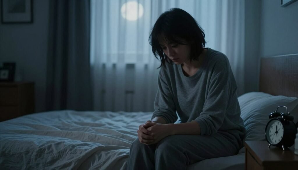 A dimly lit room with a person sitting on the edge of a bed, their hands clasped tightly in their lap, eyes lowered with a thoughtful expression. The foreground features a soft, rumpled bedspread and a bedside table with an alarm clock showing a late hour. The middle layer shows the person dressed in comfortable, modest clothing, embodying a sense of introspection and unease. The background is softly blurred, revealing a window with sheer curtains where moonlight spills into the room, casting gentle shadows. The overall mood is one of quiet contemplation, emphasizing feelings of anxiety and restlessness, with cool tones of blue and gray to symbolize the struggle between sleep and anxiety, evoking a somber yet serene atmosphere.