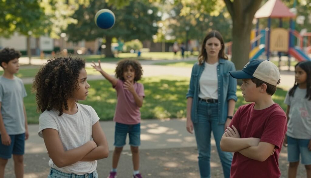 A diverse group of children displaying challenging behavior in a vibrant park setting. In the foreground, a girl with curly hair and a boy with a baseball cap are arguing, arms crossed, showcasing their defiance. In the middle ground, another child is throwing a ball away in frustration, while a worried parent stands nearby, reflecting concern and engagement. The background features trees and a play area, with soft sunlight filtering through the leaves, creating a warm, yet tense atmosphere. The scene is captured from a slightly elevated angle, emphasizing the children's emotions and interactions. The overall mood conveys the struggles and complexities of behavior in childhood, with a focus on the dynamics in a communal space.