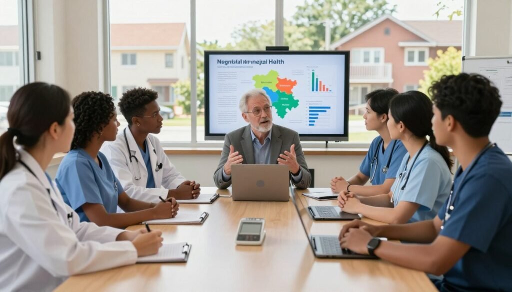 A diverse group of healthcare professionals engaged in a discussion about mental health challenges in a community setting. In the foreground, a psychiatrist in professional attire gestures actively, surrounded by professionals from various backgrounds (e.g., social workers, nurses) seated around a table with notepads and laptops. The middle ground features charts and diagrams depicting mental health statistics on a large screen, emphasizing regional disparities. The background shows a window view of different neighborhoods, reflecting socio-economic diversity. The room is well-lit with warm tones, creating an inviting atmosphere, while natural sunlight filters in, highlighting the urgency and importance of accessible mental health services. The overall mood is collaborative and focused, showcasing the dedication to overcoming regional mental health challenges. A diverse group of healthcare professionals engaged in a discussion about mental health challenges in a community setting. In the foreground, a psychiatrist in professional attire gestures actively, surrounded by professionals from various backgrounds (e.g., social workers, nurses) seated around a table with notepads and laptops. The middle ground features charts and diagrams depicting mental health statistics on a large screen, emphasizing regional disparities. The background shows a window view of different neighborhoods, reflecting socio-economic diversity. The room is well-lit with warm tones, creating an inviting atmosphere, while natural sunlight filters in, highlighting the urgency and importance of accessible mental health services. The overall mood is collaborative and focused, showcasing the dedication to overcoming regional mental health challenges.