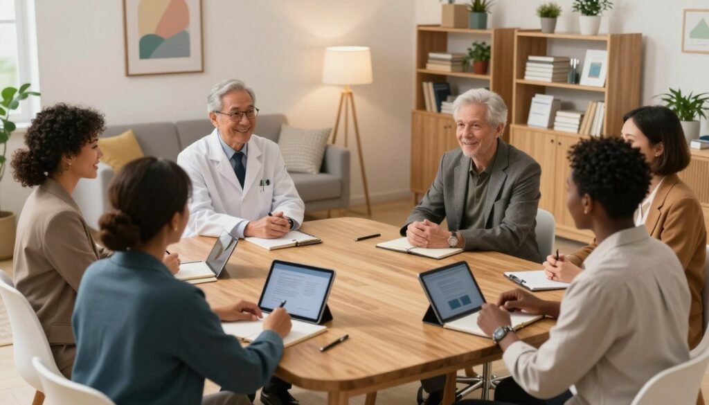 A diverse group of mental health professionals, including a psychiatrist, psychologist, and counselor, engaged in a collaborative discussion in a warm, inviting clinic setting. In the foreground, they are seated around a modern wooden table with notebooks and digital tablets. The middle layer shows a cozy therapy room with comfortable seating, soft lighting, and calming artwork on the walls. In the background, shelves filled with mental health resources and plants create an atmosphere of support and tranquility. The scene is brightly lit, enhancing openness and connection, captured from a slightly elevated angle to showcase both the professionals and the environment. The overall mood is positive and professional, reflecting the importance of mental health and collaboration in clinical practice. A diverse group of mental health professionals, including a psychiatrist, psychologist, and counselor, engaged in a collaborative discussion in a warm, inviting clinic setting. In the foreground, they are seated around a modern wooden table with notebooks and digital tablets. The middle layer shows a cozy therapy room with comfortable seating, soft lighting, and calming artwork on the walls. In the background, shelves filled with mental health resources and plants create an atmosphere of support and tranquility. The scene is brightly lit, enhancing openness and connection, captured from a slightly elevated angle to showcase both the professionals and the environment. The overall mood is positive and professional, reflecting the importance of mental health and collaboration in clinical practice.