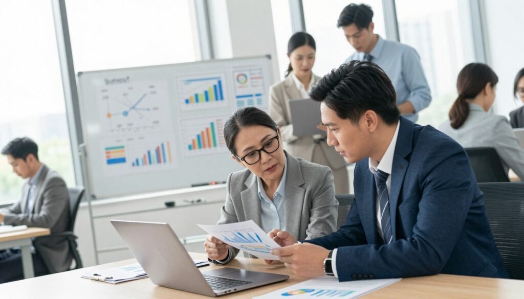 A diverse group of professionals in a modern office setting, focused on analyzing data related to burnout syndrome. In the foreground, two individuals—a middle-aged woman with glasses and a young man—are discussing insights while reviewing charts on a laptop. They are dressed in professional business attire. In the middle ground, a whiteboard filled with diagrams and graphs represents key statistics about burnout. The background features a bright, airy office space with large windows allowing natural light to flood in, creating a productive atmosphere. The mood is serious yet collaborative, emphasizing teamwork in addressing workplace challenges. The angle is slightly tilted from above, showcasing the team's interaction and engagement while maintaining a polished look.