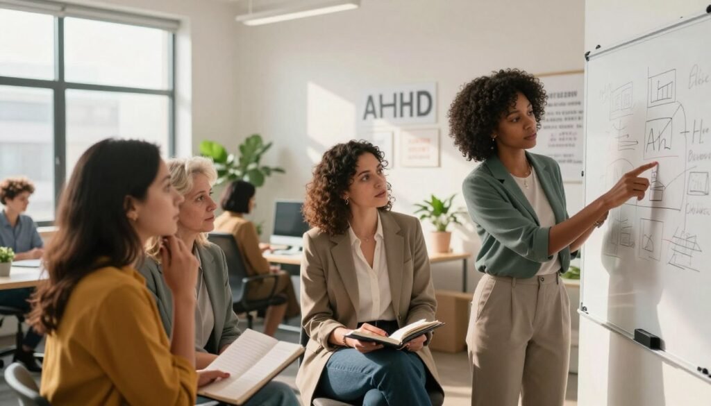 A diverse group of women in a bright, modern office environment, representing various backgrounds and ages. The foreground features three women engaged in a focused discussion, each dressed in professional business attire. One woman is holding a notebook, another is pointing to a diagram on a whiteboard, while the third listens intently, showcasing expressions of determination and introspection. In the middle ground, there are desks with plants and motivational quotes on the wall, highlighting a nurturing yet dynamic atmosphere. The background includes large windows with natural light pouring in, casting warm shadows that create a calm, supportive ambiance. The image captures a sense of collaboration and awareness around ADHD, reflecting the complexities and nuances of the condition in women, with a soft focus on emotional connection and understanding.