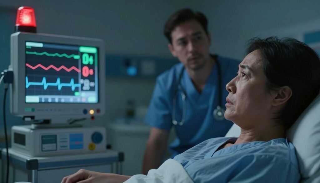 A dramatic scene illustrating imminent danger signs related to health, featuring a heart monitor with sharp spikes and bright red alarm lights in a hospital setting. In the foreground, a close-up of a concerned patient in professional attire looks towards the monitor, displaying a mix of anxiety and urgency. The middle ground showcases a medical professional preparing to intervene, dressed in scrubs with an expression of focus and seriousness. The background is dimly lit, with shadows emphasizing the tension, while a soft, cool light accentuates the monitor's alarming signals. The atmosphere is tense yet hopeful, encapsulating the urgency of seeking emergency medical attention when experiencing troubling symptoms.