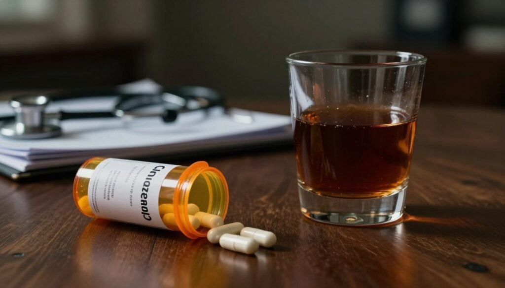 A dramatic still life composition showcasing a prescription bottle labeled "Clonazepam" and a glass of dark, alcoholic liquor on a wooden table. In the foreground, the bottle is slightly tilted, with a few capsules spilling out, reflecting a warm, soft light. The glass is half-full, with a subtle condensation forming, representative of the dangerous interaction between the two substances. In the middle ground, a blurred stack of medical journals and a stethoscope suggest a clinical environment, while in the background, a dimly lit room creates an atmosphere of caution and concern. The overall mood is somber, highlighting the serious risks associated with mixing clonazepam and alcohol. The lighting is moody, with shadows playing across the surface, evoking a sense of urgency and warning.