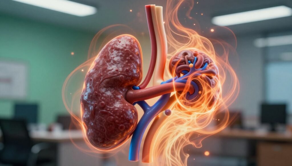 A dynamic and visually striking representation of cortisol and adrenaline, depicted as vibrant, swirling energy patterns emanating from an anatomical representation of an adrenal gland in the foreground. The gland is illustrated in realistic detail, showcasing its texture and color, while the energy patterns are depicted in shades of orange and blue, symbolizing stress and alertness. In the middle ground, a soft gradient of calming greens and blues hints at the balance of a healthy body. The background features a blurred office environment, subtly emphasizing the stressors of modern life, with diffuse lighting creating a calming yet tense atmosphere. The image should have a warm, dramatic lighting effect to enhance the feeling of urgency and the essence of the hormones at play.