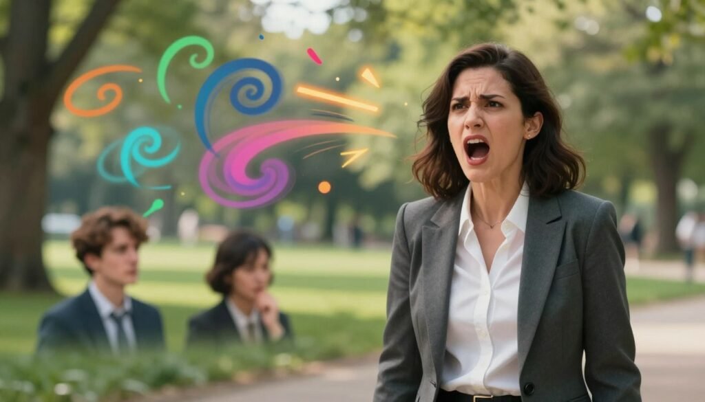 A dynamic illustration capturing the contrasting symptoms of Type 1 and Type 2 bipolar disorder, specifically highlighting mania and hypomania. In the foreground, a professional woman, dressed in smart business attire, displays vivid expressions of both euphoria and agitation, embodying the high energy of mania. She is set against a calming backdrop of a serene park with soft, natural lighting that symbolizes the contrast between manic highs and the subtler feelings of hypomania. The middle ground features abstract representations of racing thoughts and creativity, such as swirling colors and light bursts, interspersed with moments of introspection, evoking a sense of instability. The atmosphere is vibrant yet complex, illustrating the duality of emotions experienced in bipolar disorder. The overall composition should balance chaos and calm, visually representing the ongoing struggle between these states.