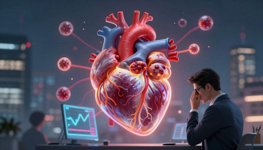A dynamic visualization of the impact of cortisol and adrenaline on the heart, showcasing a vibrant, stylized heart centrally positioned, with intricate patterns of adrenaline and cortisol molecules emanating from it, symbolizing their effects. In the foreground, a subtle illustration of a professional figure in business attire, looking analytically at a glowing heart monitor, emphasizing the connection between stress and cardiovascular health. The background features a slightly blurred urban landscape, conveying a sense of modern life's pressures. Soft, warm lighting casts a glow on the heart, creating a sense of urgency and importance, while the overall mood is tense yet enlightening, highlighting the correlation between anxiety and heart function in a visually engaging manner.