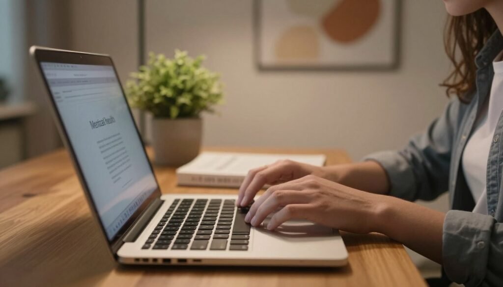 A focused and serene workspace depicting a laptop on a wooden desk, with a soft, warm light illuminating the scene. In the foreground, a hand gently rests on the keyboard, symbolizing the initiation of seeking help. The middle ground features a plant and a mental health book, representing self-care and knowledge. In the background, a calming wall with abstract art and neutral tones, suggesting a peaceful environment for online therapy sessions. The atmosphere conveys hope and support, encouraging viewers to reflect on their need for mental health assistance. Employ a shallow depth of field to emphasize the laptop and hand, enhancing the mood of introspection. Ensure all subjects are dressed in professional or modest casual attire, maintaining a respectful and inviting ambiance.