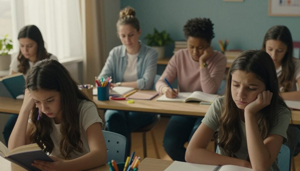 A focused composition highlighting the symptoms of ADHD in women and girls. In the foreground, a diverse group of women and young girls engaged in various activities: one is reading, another is taking notes, and one is lost in thought, reflecting distraction. Their expressions vary from concentration to frustration, emphasizing the internal struggles associated with ADHD. The middle ground features a softly lit study environment with a cluttered desk, symbolizing disorganization, filled with colorful stationery and open books. The background showcases a serene room with calming colors, enhancing the mood of contemplation. Warm, natural light streams through a window, casting gentle shadows. The scene invites empathy and understanding, illustrating the often-overlooked experiences of women and girls with ADHD, captured from a slightly elevated angle for depth.