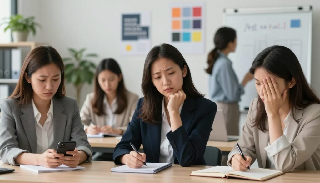 A focused group of diverse women sitting around a table in a modern office setting, each exhibiting subtle signs of ADHD symptoms. One woman appears distracted, glancing at her phone, while another is fidgeting with a pen. A third woman is taking notes but seems lost in thought, and a fourth is looking at a whiteboard, appearing overwhelmed. The lighting is soft yet bright, creating an inviting atmosphere, with a shallow depth of field that emphasizes the women in the foreground against a blurred background of office elements like plants and motivational posters. The mood is candid and reflective, showcasing the complexity of their experiences. All women are dressed in professional business attire, ensuring a serious and respectful depiction of the subject.