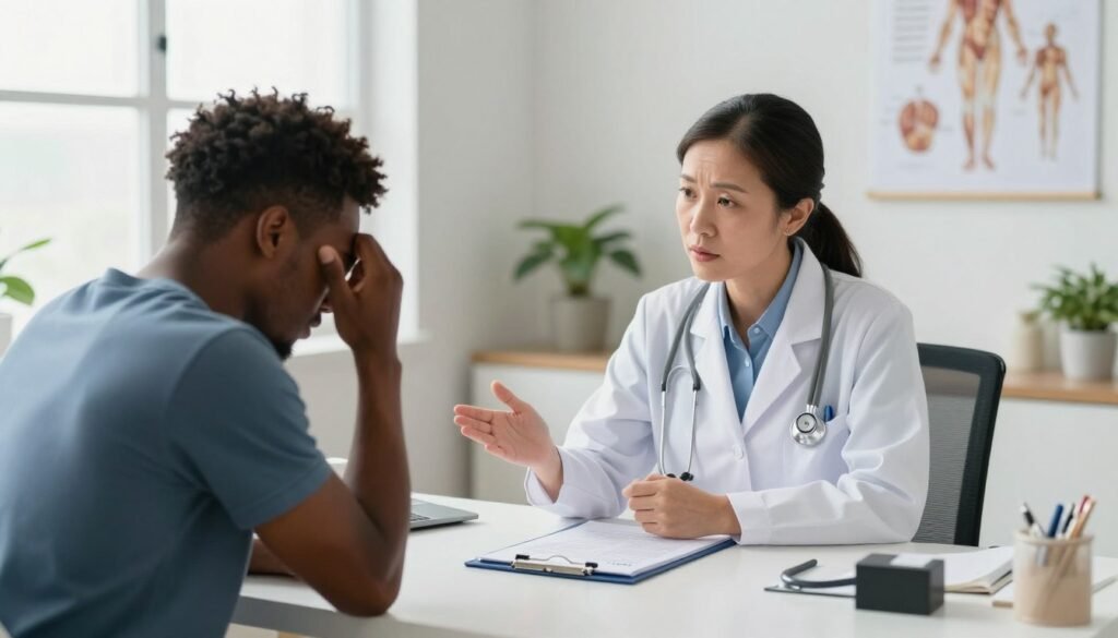 A focused medical scene in a well-lit doctor's office, showcasing a physician in a professional outfit examining a patient. The physician, a middle-aged East Asian woman, is seated across from a young Black male patient who appears concerned, discussing symptoms of chronic stress. Medical charts, a stethoscope, and diagnostic tools are visible on the desk, emphasizing a health-oriented atmosphere. Soft, natural light filters through a window, illuminating the space and creating a calm ambiance. Background elements include anatomical posters on the walls and a potted plant to enhance the inviting feel. The overall mood conveys professionalism, empathy, and a sense of urgency in the diagnosis process, capturing the essence of medical evaluation and care.
