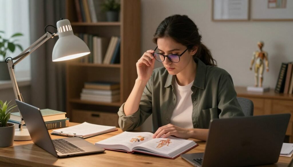 A focused medical student studying to become a psychiatrist, seated at a wooden desk cluttered with medical textbooks, notebooks, and a laptop. She is wearing a smart-casual outfit, with glasses perched on her nose, deeply engaged in her studies. The foreground showcases an open textbook with anatomical diagrams, while the middle ground features her thoughtful expression, illuminated by warm, soft lighting from a desk lamp. In the background, a cozy room is filled with shelves of books, a potted plant, and an anatomical model. The atmosphere radiates concentration and dedication, with a calm and inviting ambiance that reflects the seriousness of medical education. The composition is balanced, captured from a slightly elevated angle, focusing on the student’s commitment to her future in psychiatry.