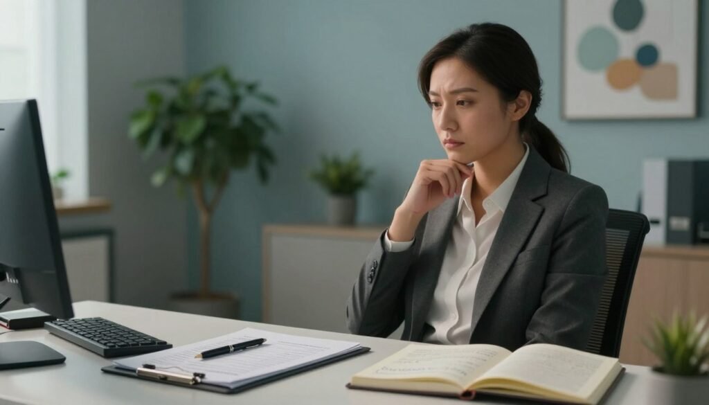 A focused scene depicting a calm, professional office environment representing a "anxiety test." In the foreground, a neatly arranged desk features a clipboard with a checklist, a pen, and an open notebook filled with handwritten notes. The middle ground reveals a serene individual dressed in professional business attire, sitting thoughtfully while looking at the clipboard, exuding a sense of contemplation. The background showcases a softly lit room with calming colors, such as light blues and greens, adorned with potted plants and abstract art on the walls. The lighting is warm and inviting, reflecting a tranquil atmosphere aimed at reducing anxiety. The overall mood should be supportive and introspective, encouraging self-reflection. A focused scene depicting a calm, professional office environment representing a "anxiety test." In the foreground, a neatly arranged desk features a clipboard with a checklist, a pen, and an open notebook filled with handwritten notes. The middle ground reveals a serene individual dressed in professional business attire, sitting thoughtfully while looking at the clipboard, exuding a sense of contemplation. The background showcases a softly lit room with calming colors, such as light blues and greens, adorned with potted plants and abstract art on the walls. The lighting is warm and inviting, reflecting a tranquil atmosphere aimed at reducing anxiety. The overall mood should be supportive and introspective, encouraging self-reflection.