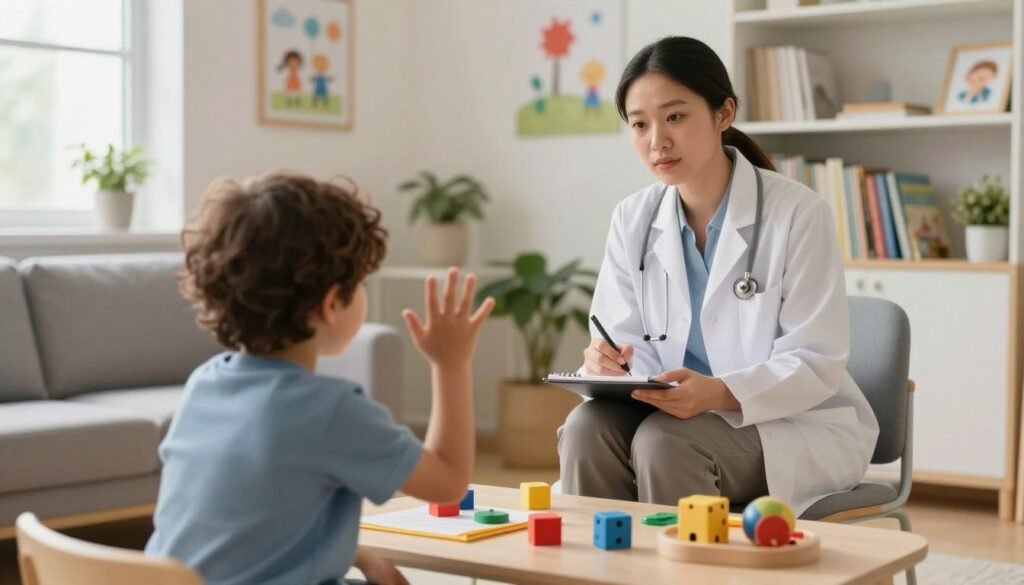 A focused young child in a cozy, well-lit pediatric office, displaying signs of hyperactivity and distractibility. The foreground features the child surrounded by colorful educational toys and materials, capturing their energy. In the middle ground, a compassionate child psychiatrist in professional attire observes thoughtfully, taking notes. The background shows a welcoming room decorated with inspirational artwork, bookshelves filled with children's literature, and soft natural lighting filtering through a window, creating a warm atmosphere. The overall mood is hopeful and supportive, emphasizing the importance of understanding and treating Attention Deficit Hyperactivity Disorder (ADHD) in children. The image captures the essence of a positive therapeutic environment, inviting and professional, devoid of any text or watermarks.