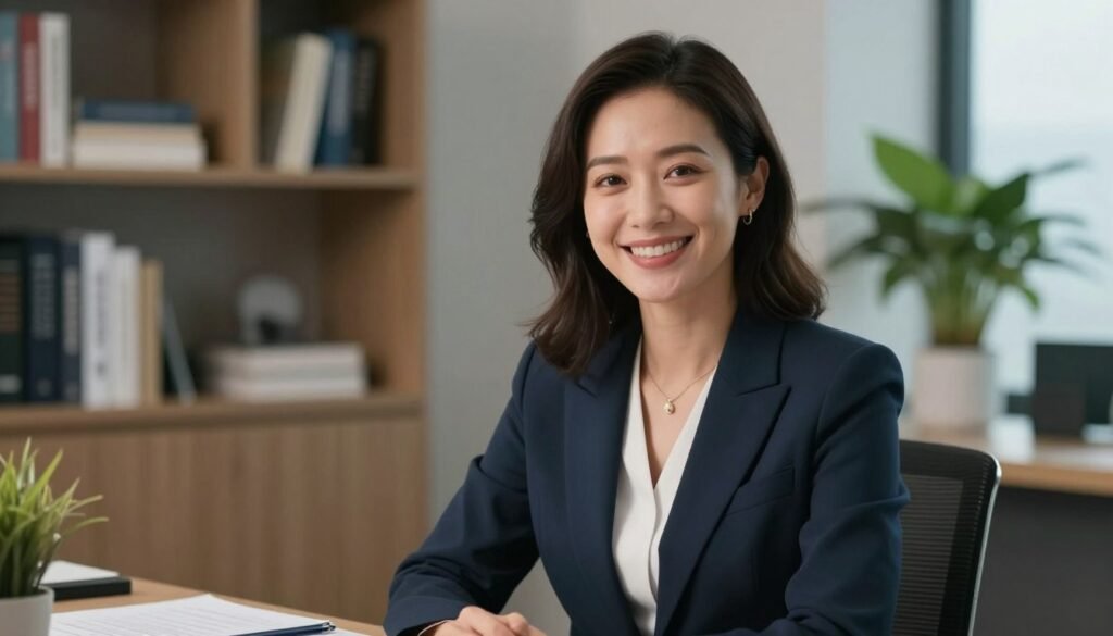 A friendly female psychiatrist in a professional modern office setting, smiling warmly, with books and a plant in the background, cinematic lighting, high resolution.