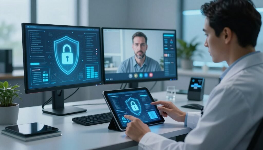 A futuristic telemedicine setting showcasing data security in mental health consultations. In the foreground, a professional psychiatrist in smart business attire is visible, attentively analyzing patient data on a high-tech tablet, with visual indicators of secured data transmission, such as locks and shields represented digitally. In the middle ground, a sleek, modern office environment with a desktop double-monitor setup displaying encrypted data analytics, holographic projection of data security statistics, and a secure video call interface. The background features a calming atmosphere with soft blue lighting, plants near the window depicting a serene outdoor view. The scene conveys a sense of trust and security, emphasizing technology's role in safeguarding sensitive patient information in telepsychiatry.