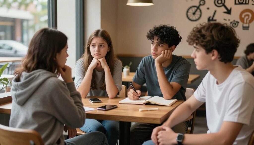A group of diverse teenagers sitting in a cozy, modern café, each portrayed with distinct expressions of concern, introspection, and support, reflecting the challenges of mental health. In the foreground, two friends engage in a supportive conversation, one wearing a casual hoodie and the other in a modest t-shirt. In the middle, a girl looks out the window, deep in thought, while a boy takes notes, symbolizing awareness and the importance of conversation. The background features soft lighting, warm colors, and elements symbolizing risk factors like smartphones, books, and stress-related imagery. The atmosphere is both reflective and hopeful, capturing the complexity of mental health issues in adolescence, emphasizing connection and understanding.