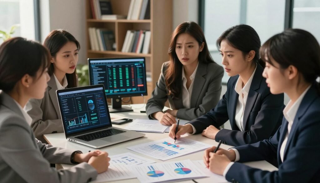 A group of diverse women, dressed in professional attire, gather around a table in a softly lit, modern office environment. They are engaged in an intense discussion, with a visual focus on a diagnostic tool and data charts spread out in front of them, symbolizing the complexities of ADHD diagnosis among women. The foreground features their thoughtful expressions, with one woman in the center pointing at a chart, illustrating focus and concern. In the middle ground, a digital screen displays historical data and statistics on ADHD diagnoses, emphasizing the theme of historical neglect. The background is filled with filled bookshelves and soft sunlight filtering through large windows, creating a warm yet serious mood, evoking a sense of urgency and importance in addressing this often-overlooked topic. The angle is slightly above eye level, giving a sense of perspective and involvement in their critical discussion.