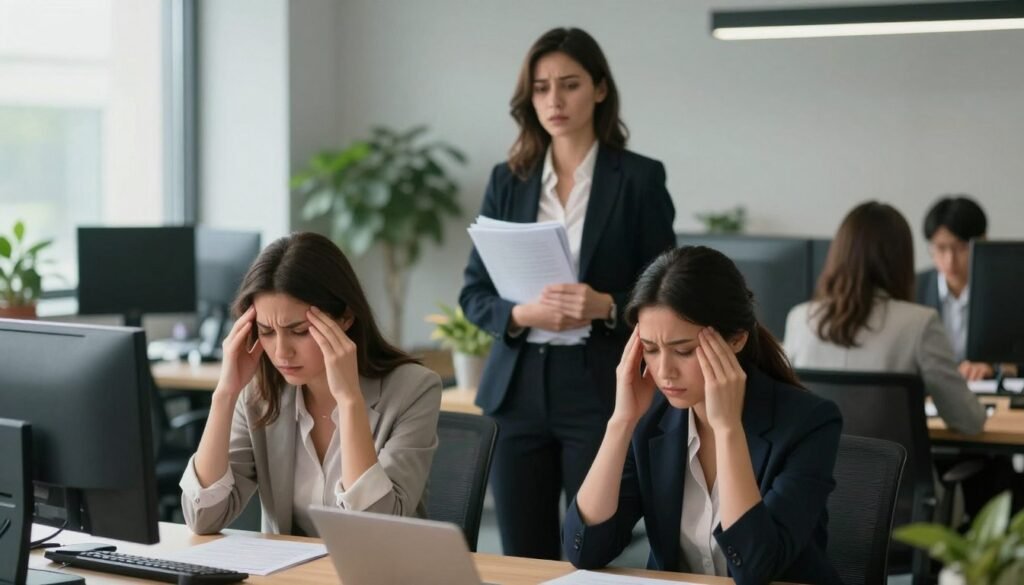A group of professional women in a modern office setting, visibly experiencing challenges due to the symptoms of PMDD (Premenstrual Dysphoric Disorder). In the foreground, two women sit at a conference table; one is rubbing her temples in frustration, while the other appears empathetic yet concerned. In the middle ground, a woman stands, clutching a stack of documents, looking overwhelmed. The background features an open office environment with computers and office plants. Soft, natural lighting filtering through large windows creates a calm yet tense atmosphere. The composition should focus on their expressions, capturing a sense of resilience and struggle, with a depth of field emphasizing the foreground subjects.
