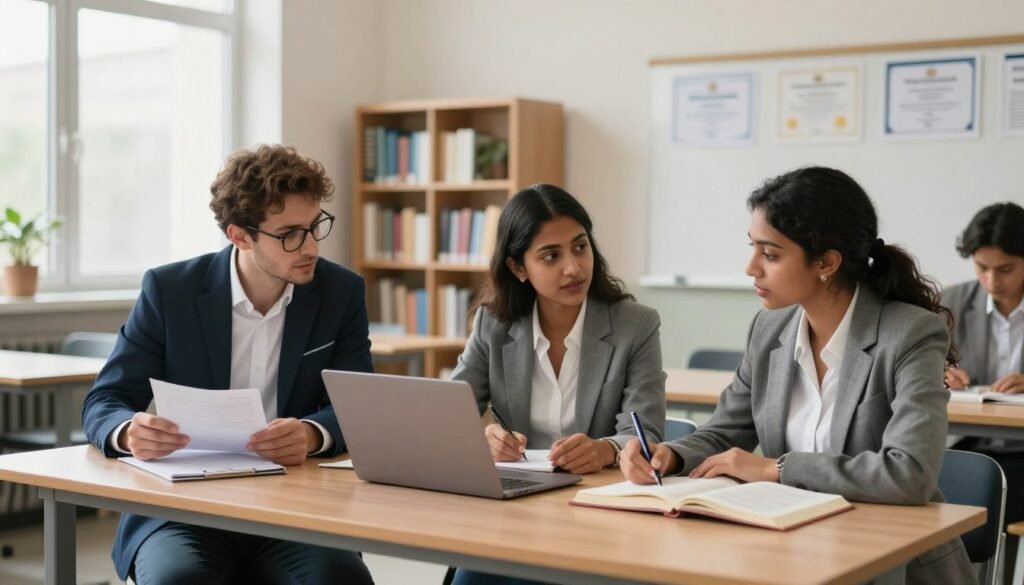 A group of three diverse medical professionals studying psychiatry postgraduate courses in a well-lit, modern university classroom. In the foreground, a male doctor with glasses, in a navy blazer and white shirt, is reviewing notes, while a female psychiatrist in a gray suit takes notes on a laptop. A third student, a South Asian woman in business casual attire, is engaged in a discussion with them, using a textbook as a reference. The middle area displays shelves filled with psychology books and certificates on the wall, emphasizing a scholarly environment. Soft natural light filters through large windows, creating a warm, focused atmosphere that conveys dedication and ambition in their psychiatric studies.