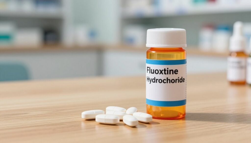 A high-quality, close-up image of a prescription bottle labeled "Fluoxetine Hydrochloride" with a white and blue design, sitting on a well-lit wooden table. In the foreground, traditional pill forms of Fluoxetine scattered near the bottle, showcasing their smooth, glossy finish. The middle ground features a clean, clinical background with soft focus, suggesting a pharmacy environment. Warm, inviting lighting casts gentle shadows, creating a calm, reassuring atmosphere. The composition is framed to emphasize the prescription bottle and pills, conveying a sense of trust and professionalism. The lens captures fine details, enhancing the focus on the medication without any text or distractions.