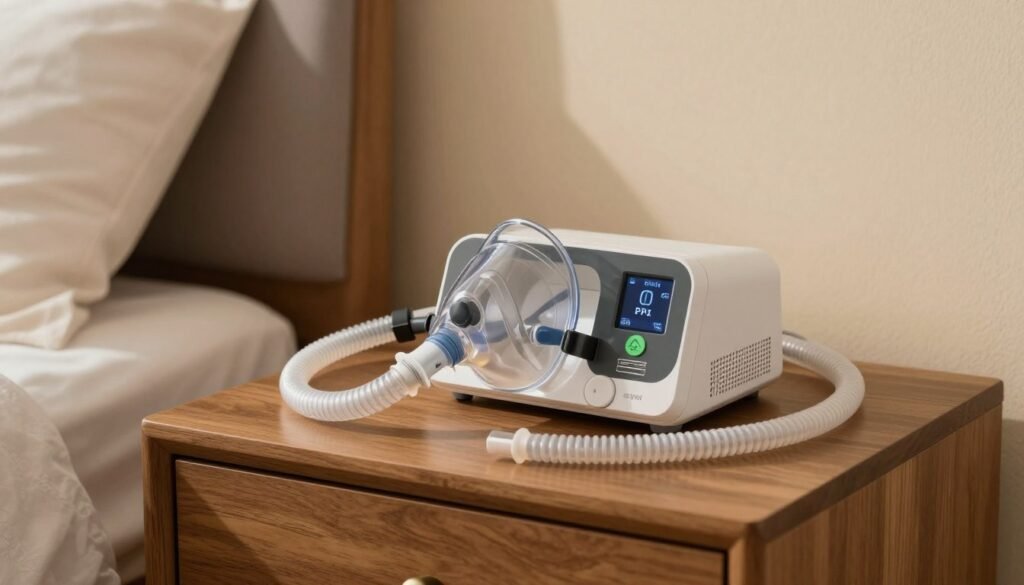 A high-quality medical CPAP device on a modern wooden nightstand, soft warm bedroom lighting, focused on the mask and tube, realistic textures, 4k resolution. A high-quality medical CPAP device on a modern wooden nightstand, soft warm bedroom lighting, focused on the mask and tube, realistic textures, 4k resolution.