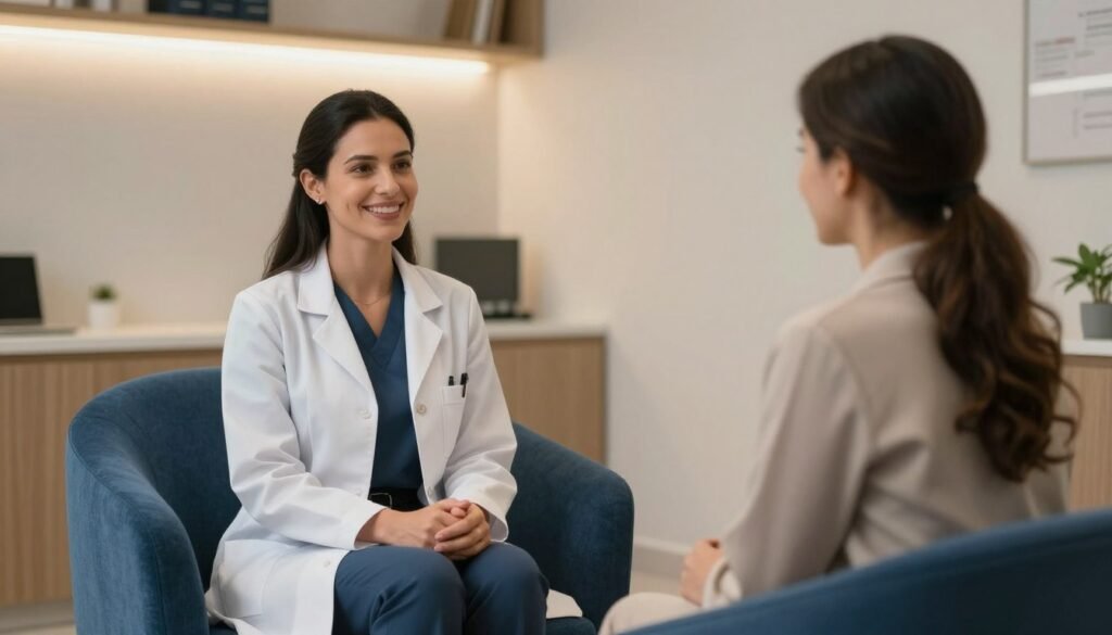 A high-quality photo of a welcoming and modern medical office in Goiânia, featuring soft ambient lighting, a comfortable blue armchair, and a professional woman doctor with a warm, empathetic expression, representing a safe space for women's mental health care.